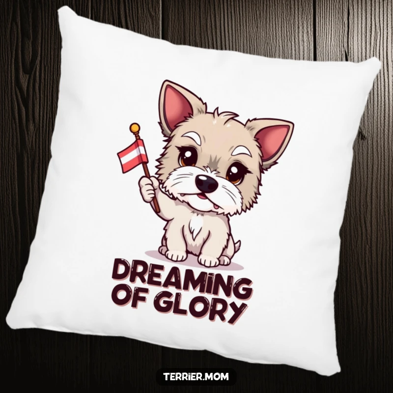 Funny Terrier pillow, proud dog, flag waving, patriotic pet, humorous cushion, cozy decor, delightful funny gift.