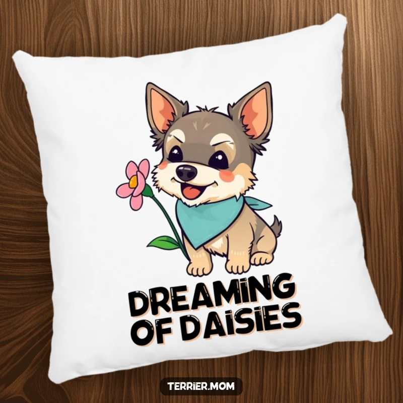 Funny terrier in a bandana joyfully sniffing a blooming flower, depicted on a soft, decorative pillow.