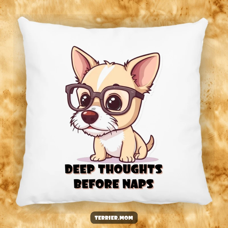 Funny terrier pillow, a dog in oversized glasses, curiously examining a small detail, adding intellectual humor to home decor.