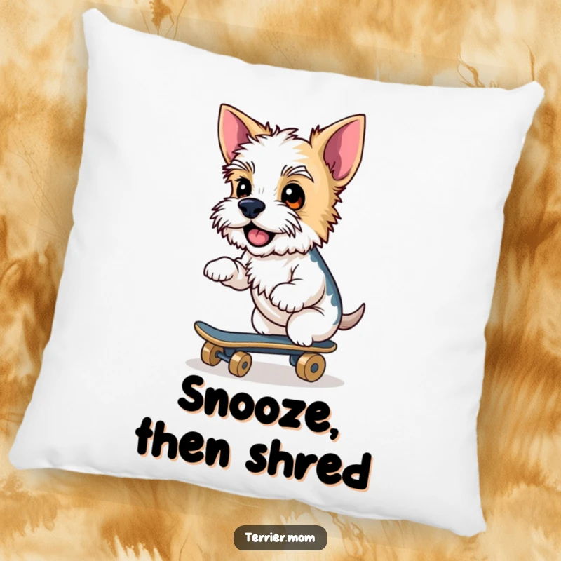 Funny Terrier pillow, cheeky dog, riding skateboard, cool pet, humorous cushion, cozy decor, delightful funny gift.