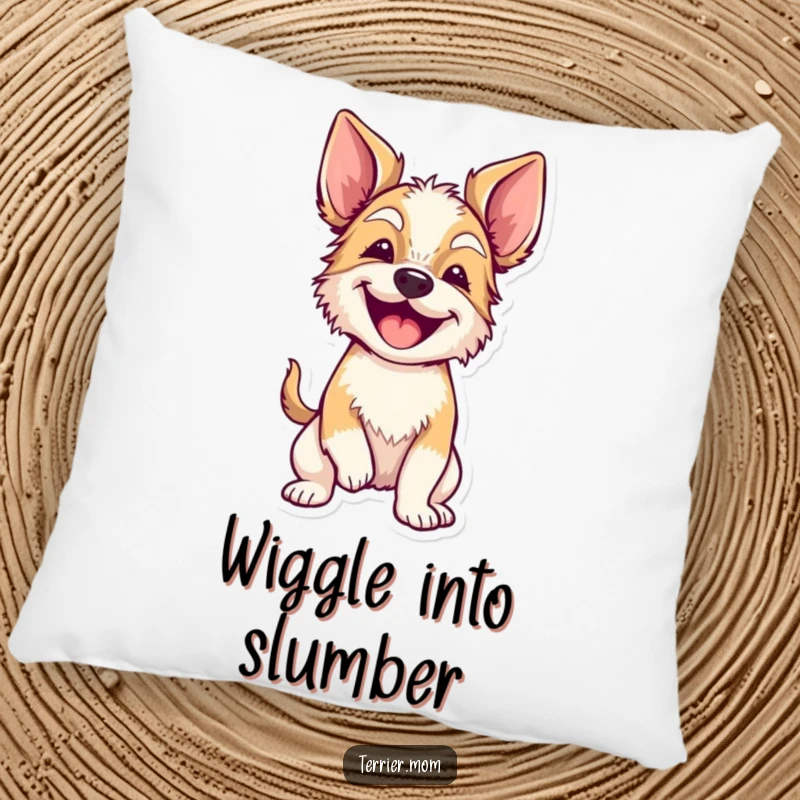 Soft, plush pillow featuring a funny terrier with floppy ears doing a full-body wiggle of excitement, adding cozy canine charm.