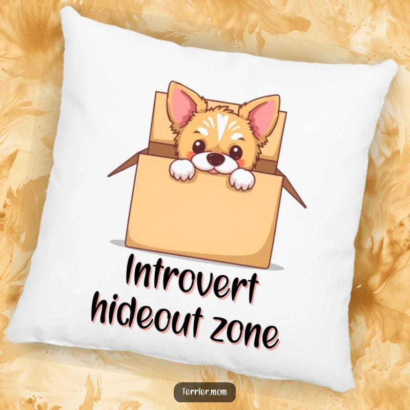 Funny pillow featuring a terrier peeking playfully out from an empty cardboard box.