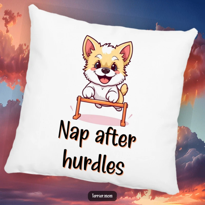 Funny Kawaii Terrier dog pillow, featuring the cute pup joyfully jumping over a tiny hurdle, adding a touch of soft humor to any room.