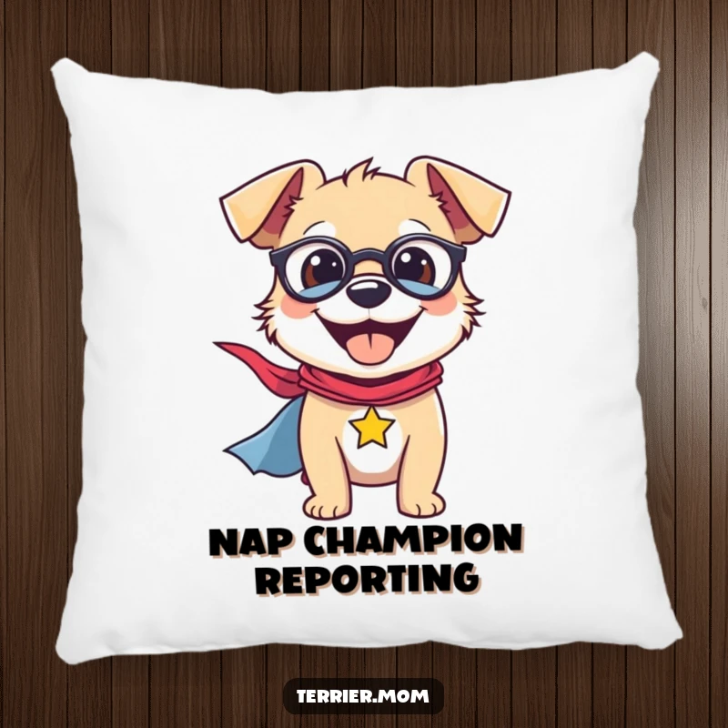 Funny Pillow featuring a smiling terrier dog in a superhero cape, soft and comforting, embodying heroism.