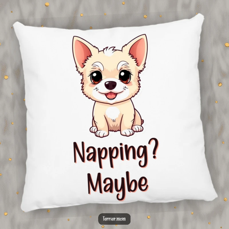 Funny Kawaii Terrier dog pillow, soft and decorative, showing an alert, happy dog with pointed ears, perfect for adding comfort and humor.