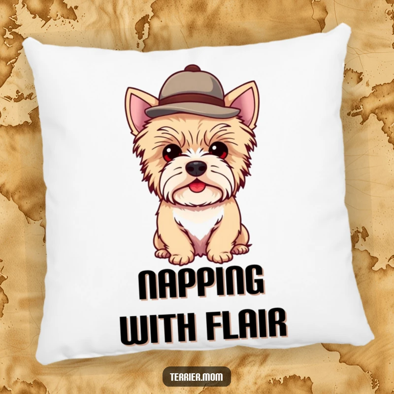 Funny Kawaii Terrier Dog Pillow featuring a cute dog wearing a small, jaunty hat, soft and stylish.