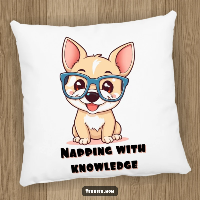 Funny terrier with a playful smile wearing oversized reading glasses, on a soft, decorative pillow.