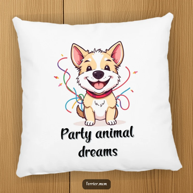 Funny plush pillow with a cheerful terrier grinning and holding colorful streamers, adding a festive and cozy touch to seating.