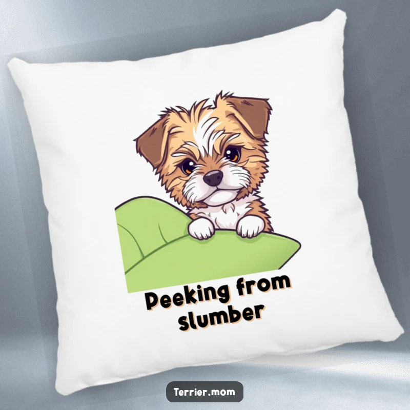 Funny pillow showing a tousled dog peeking with shy curiosity from behind a large leaf.