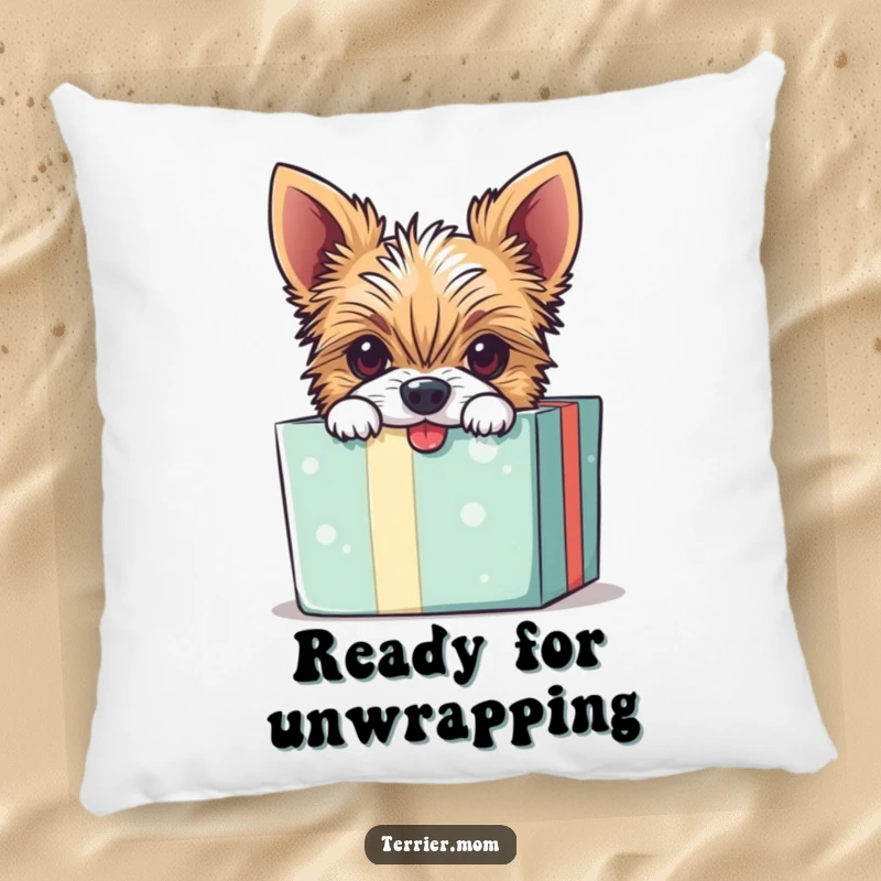 Funny pillow showing a mischievous Terrier dog peeking from a gift box with bright, curious eyes.