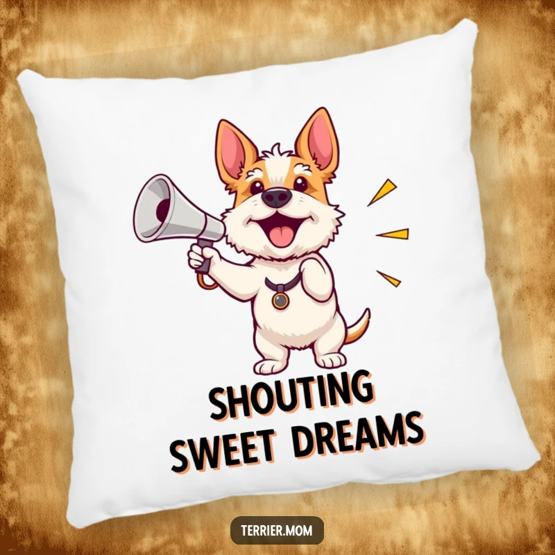 Funny plush pillow with an enthusiastic terrier waving a miniature shiny megaphone, perfect for adding comfort and motivation.
