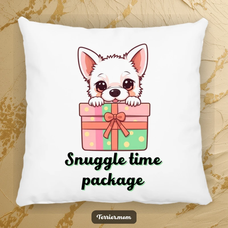 Funny Pillow featuring a kawaii terrier peeking from a colorful gift box, soft and comforting, irresistibly cute.