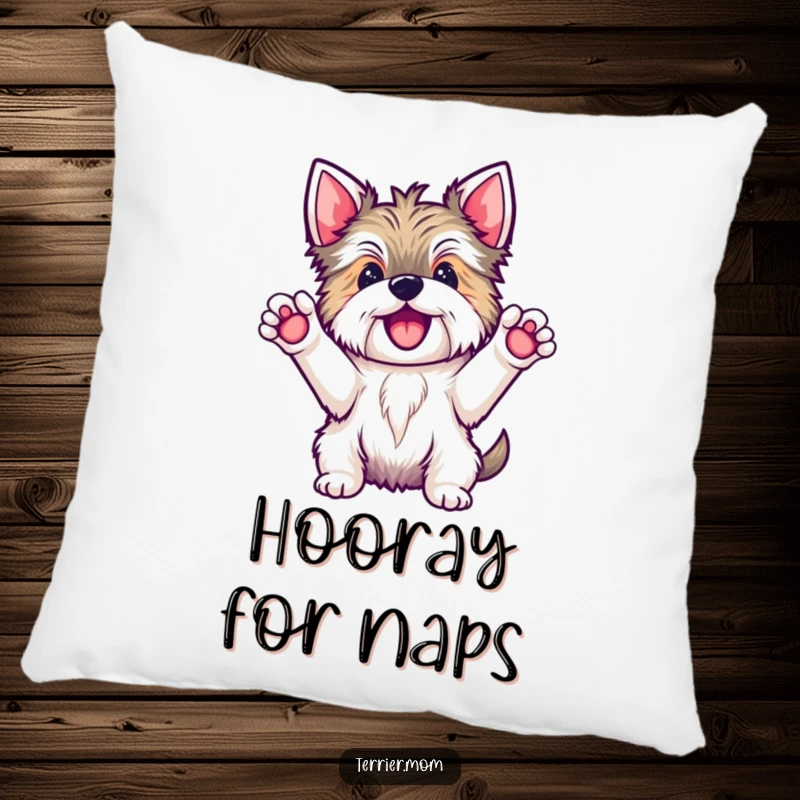 Funny Kawaii Terrier dog pillow, showing the adorable pup with paws up in a celebratory hooray, offering plush comfort and fun.