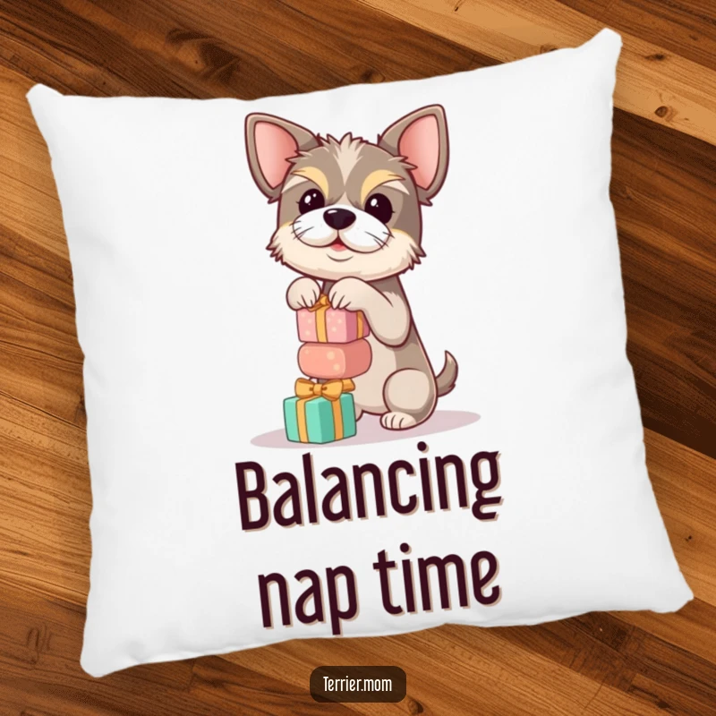 Funny terrier pillow featuring a dog balancing a stack of small gifts, perfect for adding a touch of cozy humor.
