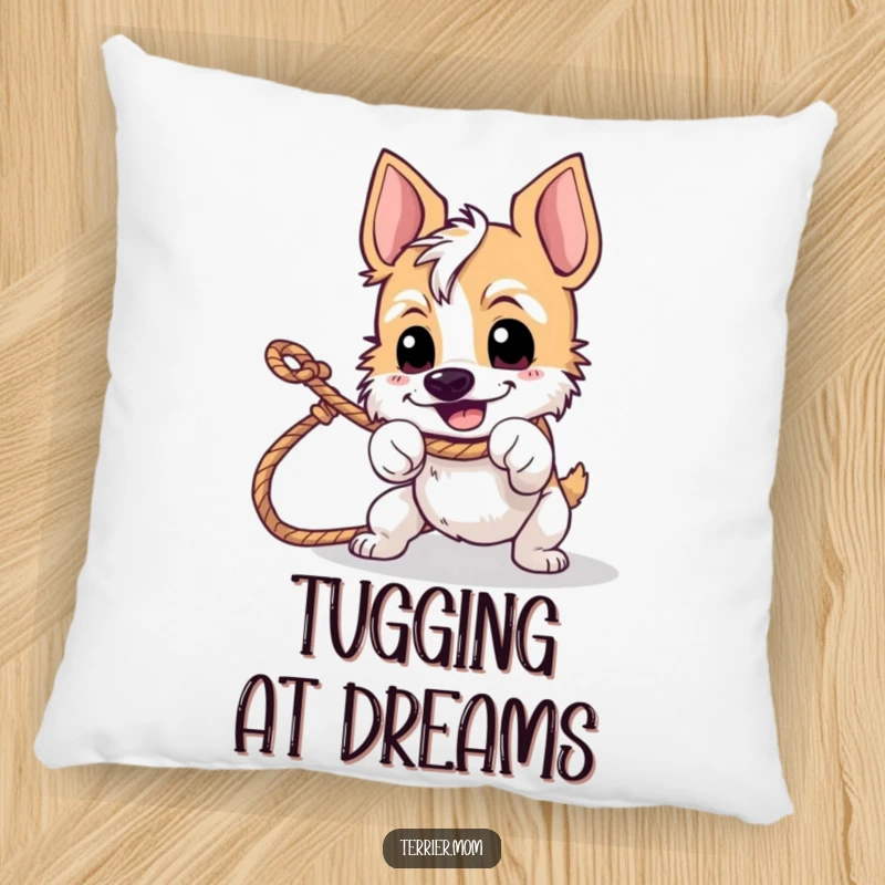 Funny tug-of-war terrier pillow showing a happy, determined dog pulling on a rope.