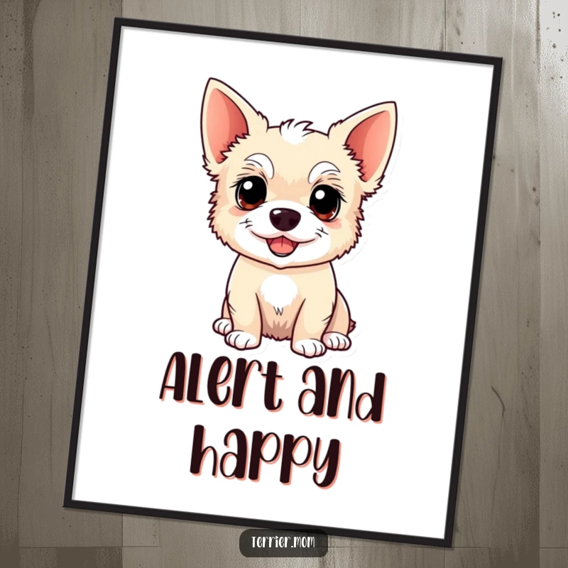 Funny Kawaii Terrier dog digital art print, high-quality, featuring an alert, happy dog with pointy ears, ideal for home or office.