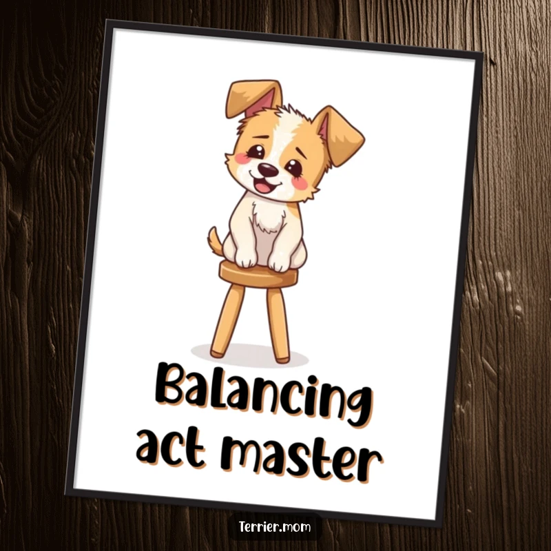 Funny Digital Art Print: A high-resolution, printable artwork of a terrier with floppy ears giggling while balancing on a stool.