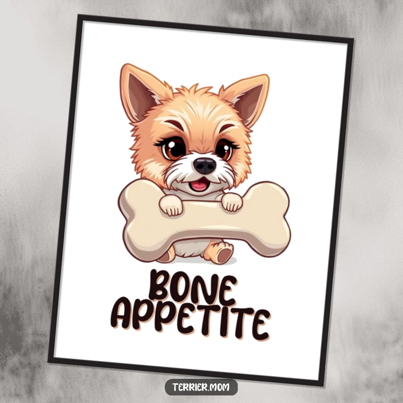 Funny digital art print of a mischievous terrier triumphantly holding a giant bone, radiating playful energy.