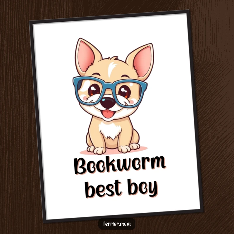 Funny terrier with a playful smile wearing oversized reading glasses, as a downloadable digital art print.