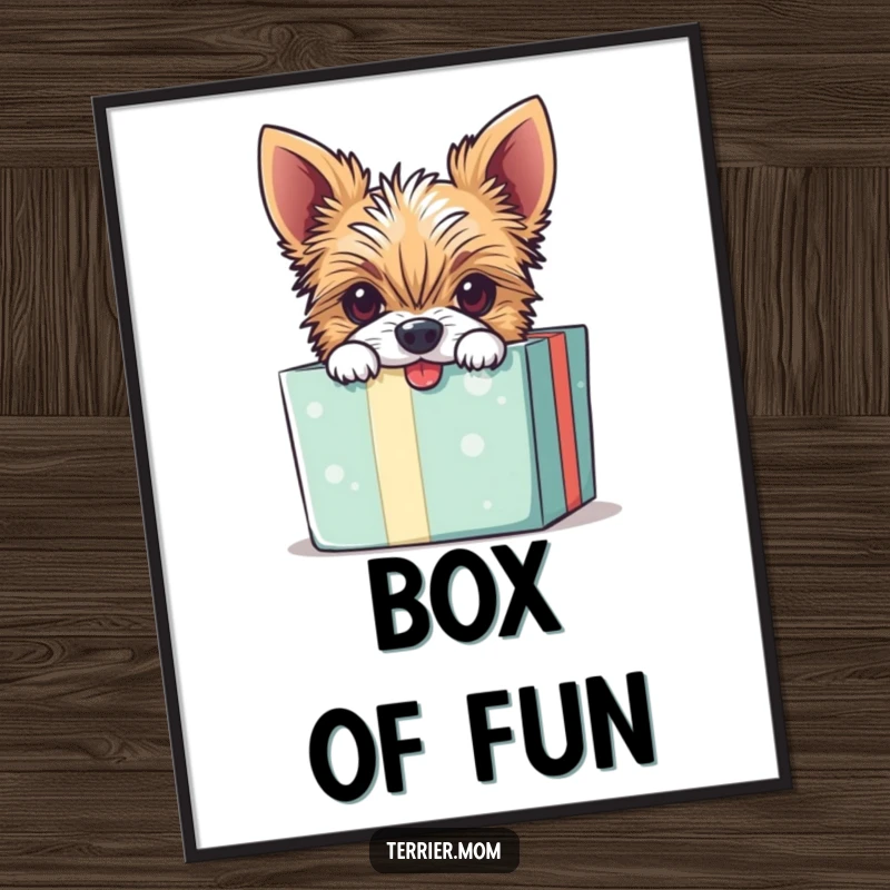 Funny digital art print of a mischievous Terrier dog peeking out of a gift box with a curious, playful expression.