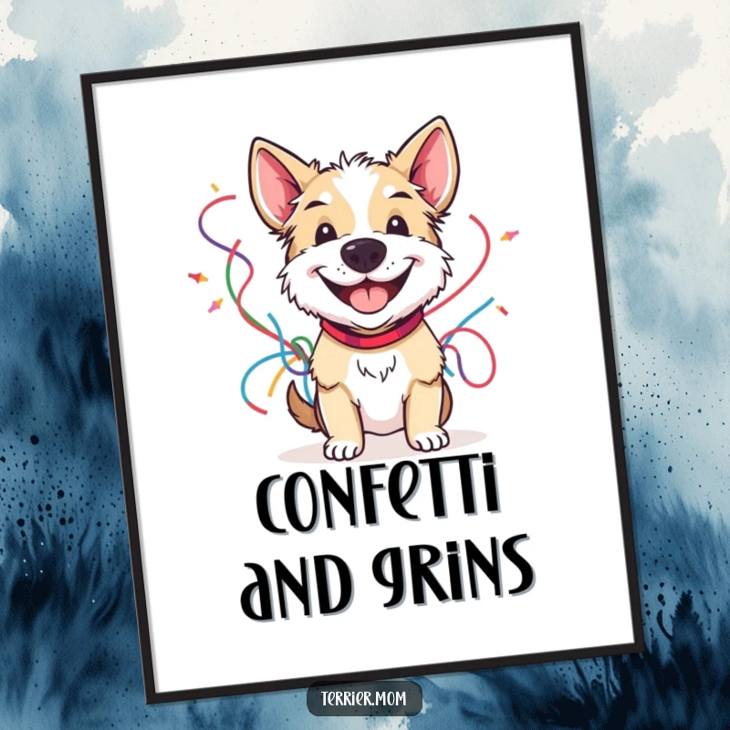 Funny digital art print of a grinning terrier holding colorful streamers, perfect for instant festive wall decor.