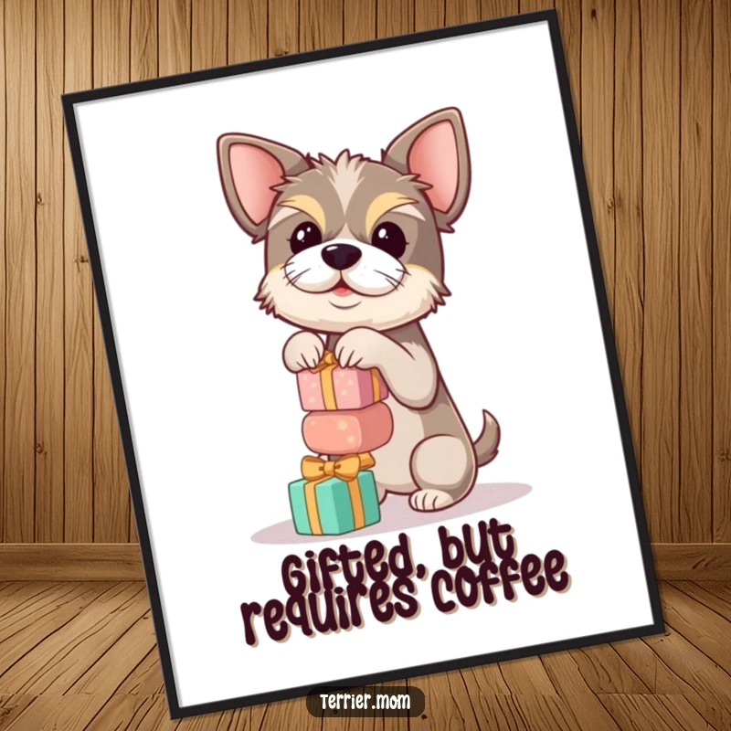 Digital art print of a funny terrier precariously balancing a tall stack of small, round gifts, embodying playful challenge.