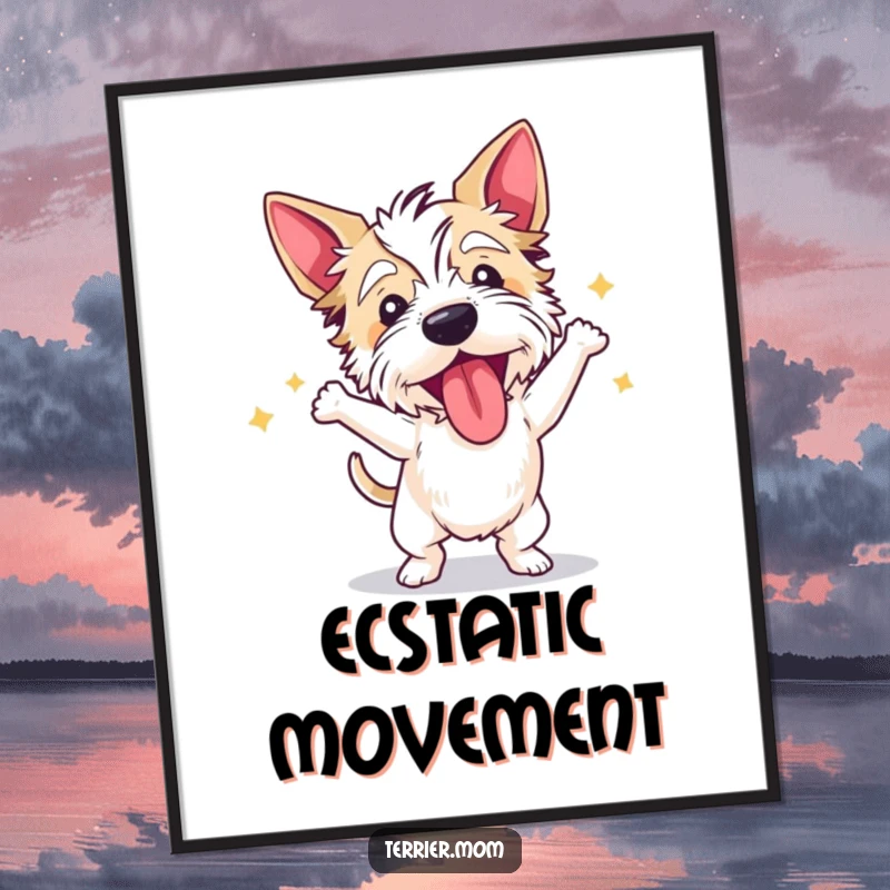 Funny terrier digital art print of a dog dancing wildly with its tongue out, ready for immediate display.