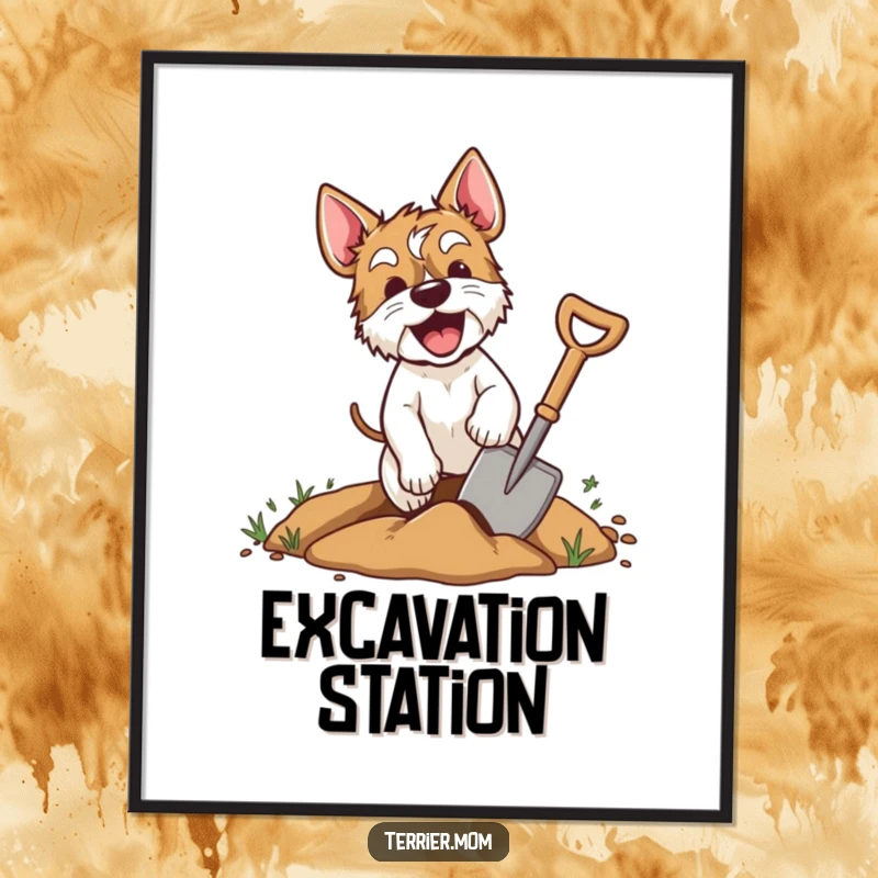 Funny terrier digital art print of an excited dog digging with a shovel, bringing dynamic and humorous wall art to any space.