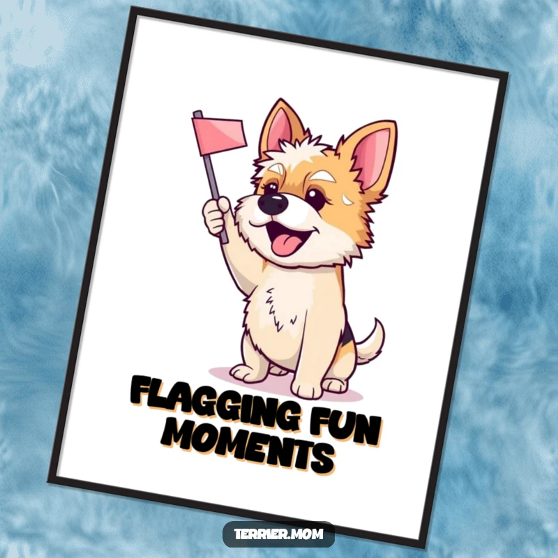 Funny digital art print of an ecstatic Terrier dog enthusiastically waving a small flag, capturing pure, unadulterated joy for your walls.