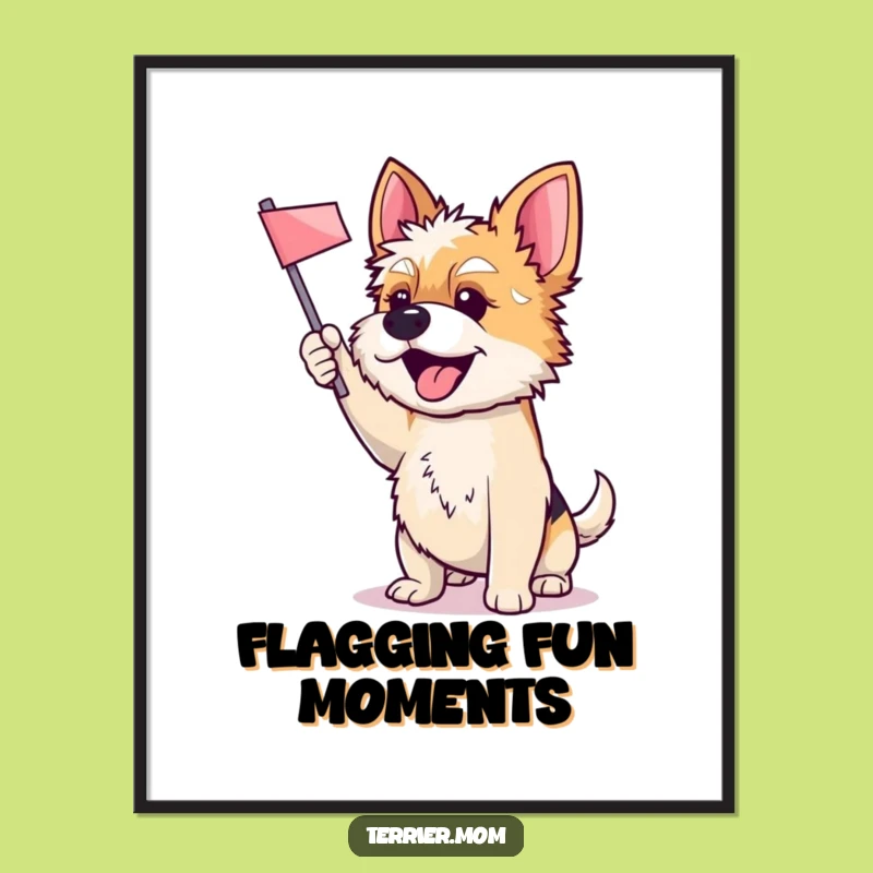 Funny Terrier Dog Art Print: Enthusiastic Cheering Pup Waving Flag Digital Gift