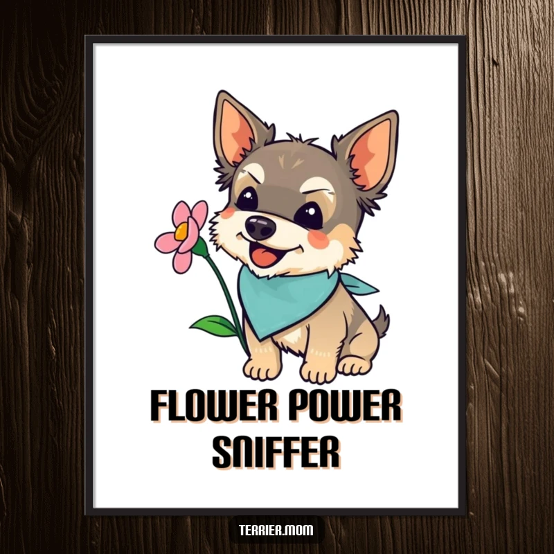 Funny terrier wearing a bandana, joyfully sniffing a blooming flower, as a downloadable digital art print.