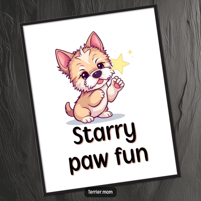 Funny digital art print of a curious Terrier dog poking a large, sparkling star with its paw.