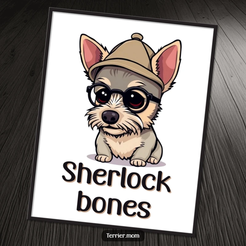 Funny detective terrier digital art print of a dog in a tiny hat, peering closely, bringing mysterious and humorous wall art to any space.