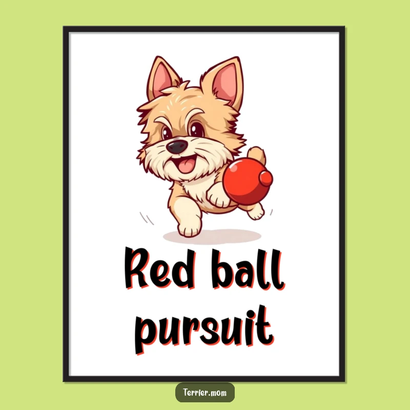 Funny Dog Digital Art: Scruffy dog chases red ball, printable action art, great gift.