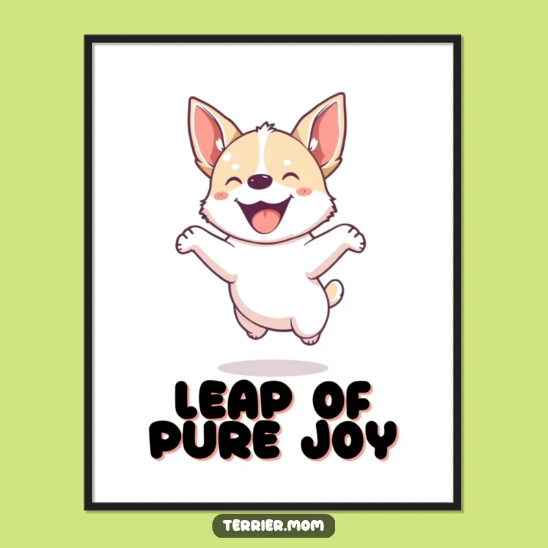 Funny Dog Digital Art: Small energetic pup jumps joyfully, printable humor, great gift.