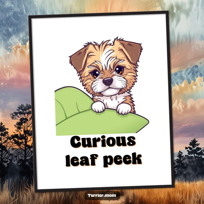 Funny digital art print of a tousled dog peeking with shy curiosity from behind a large leaf.