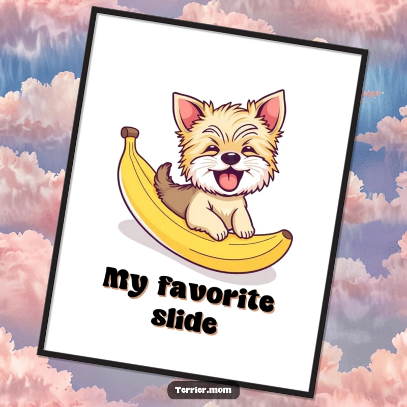Funny digital art print of a giggling Terrier dog having a comical slide down a banana peel, perfect for funny wall decor.