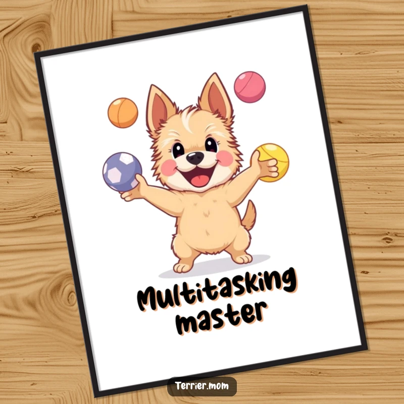 Funny Digital Art Print of a happy Terrier dog juggling four bright bouncing balls, showcasing impressive skill and a cheerful demeanor.