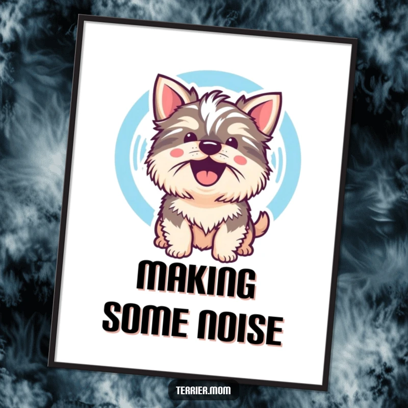 Funny Kawaii Terrier Dog Digital Art Print showing a cute dog whose cheerful bark is visualized as a sound wave, printable art.