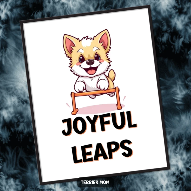 Funny Kawaii Terrier dog digital art print, showing the adorable pup mid-leap over a hurdle with immense joy and playful spirit.