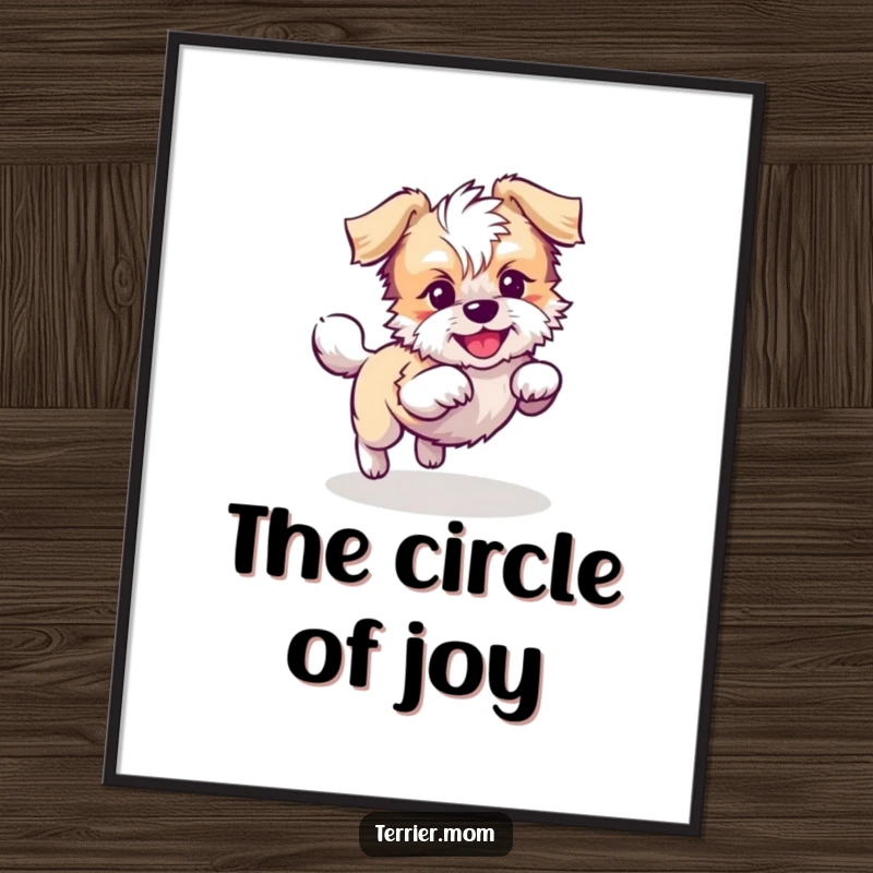 Funny Kawaii Terrier dog digital art print, high-quality, showing a playful dog chasing its tail in circles, ideal for home or office.