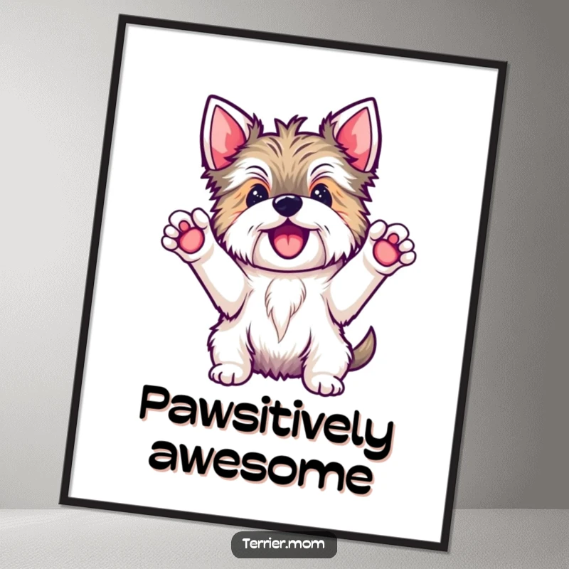 Funny Kawaii Terrier dog digital art print, showing the adorable pup with paws raised high in a triumphant hooray, full of joy.