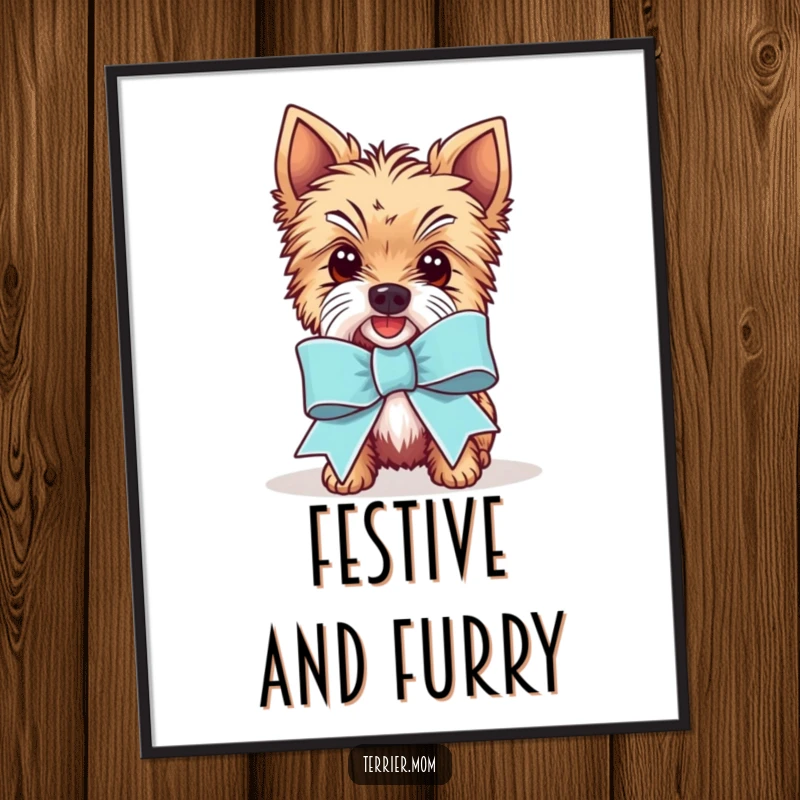 Funny Kawaii Terrier dog digital art print, showing the adorable pup wearing a comically large, festive celebration ribbon, radiating pride.