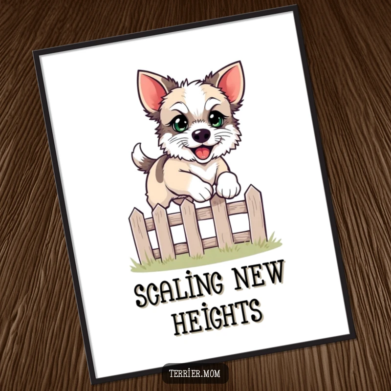 Funny leaping terrier digital art print showing a dog happily jumping over a fence.