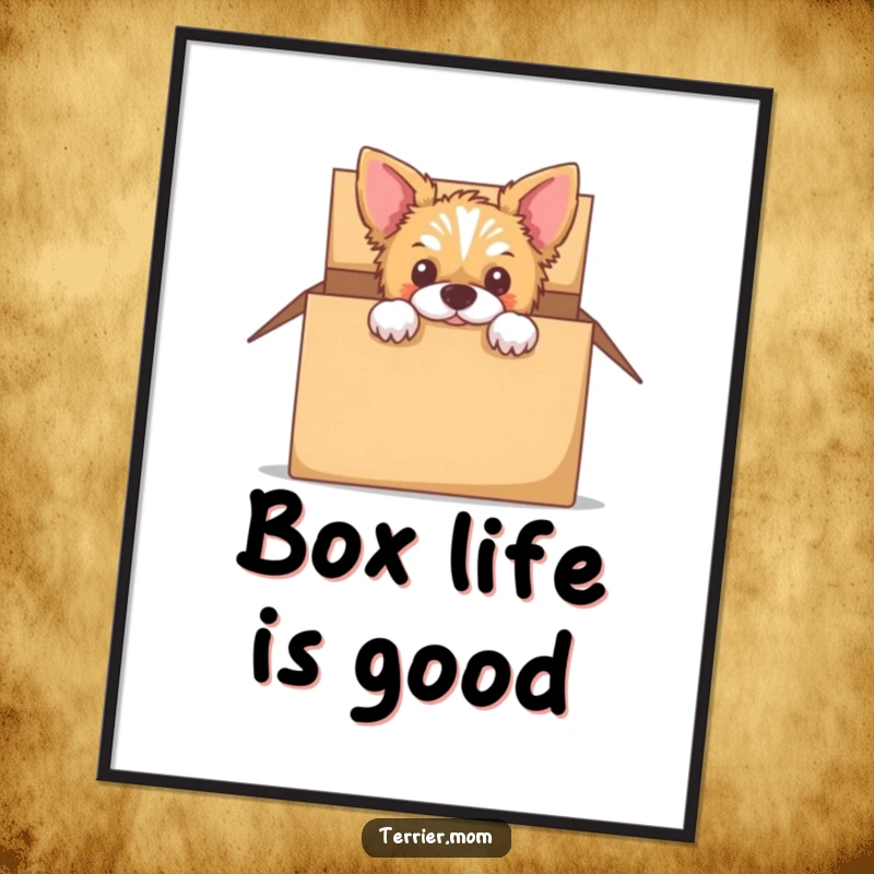 Funny digital art print of a terrier curiously peeking out from an empty cardboard box.