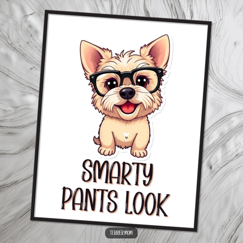 Funny Digital Art Print of a playful Terrier dog wearing funny glasses and tilting its head, exuding curiosity and charming intelligence.