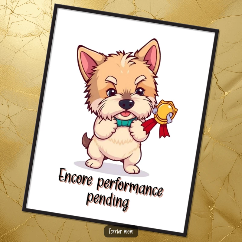 Funny terrier digital art print, a dog performing an exaggerated, humorous bow, capturing a moment of pure theatrical delight for walls.