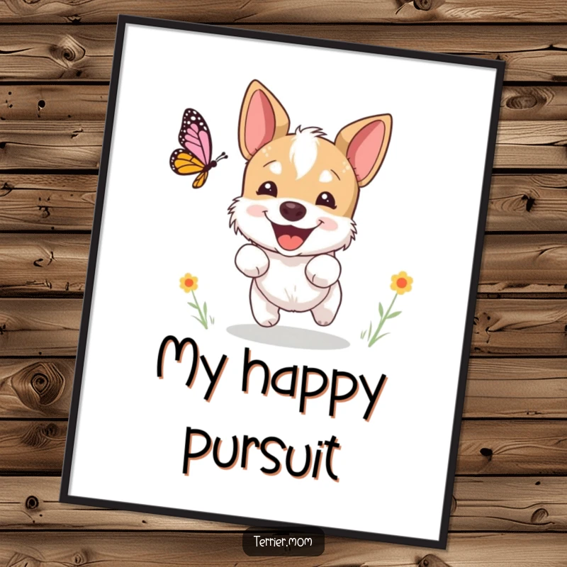 Funny terrier digital art print, a dog excitedly chasing a butterfly with a happy expression, perfect for instant decor and a funny gift.