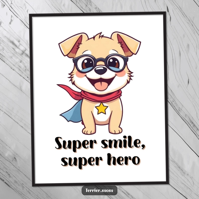 Funny Digital Art Print of a smiling terrier dog wearing a superhero cape, radiating heroism and joy.