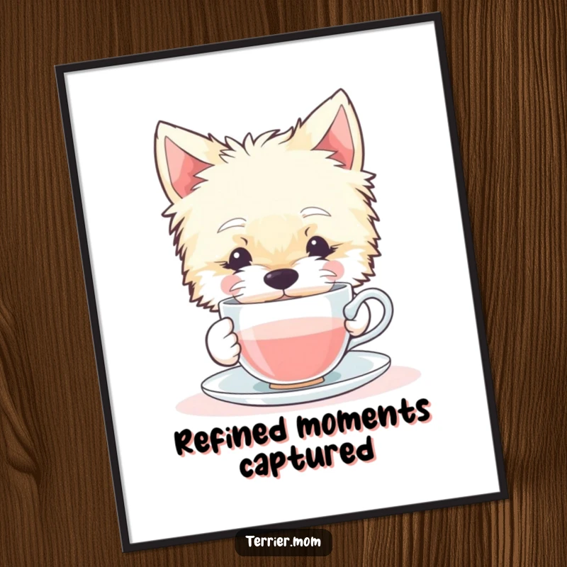 Funny digital art print of a calm Terrier dog delicately sipping from a miniature teacup, evoking tranquility and refined charm.